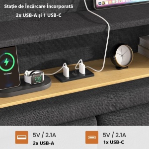Pat tapitat Gri, 140 x 200 cm, cu USB, USB-C, LED, 2 Sertare, Somiera Hidraulica, Spatiu depozitare si Rafturi - PAG202 - Img 9