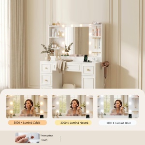 SEA203 - Masuta machiaj cu Oglinda LED, 5 Sertare pentru Cosmetice, Set Masa toaleta 108 cm, Alb, masuta cosmetica, vanity cu Priza si USB, Spuport Uscator Par - SEA203 - Img 3