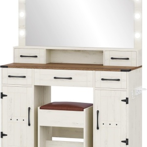 SEA818 - Set Masa toaleta 108 cm, cosmetica machiaj, oglinda cu LED, masuta vanity cu Priza, USB si Suport Uscator par, scaunel tapitat - Alb antichizat - Maro - Img 2