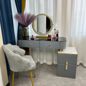 SEG11 - Set Masa toaleta, 100 cm, cosmetica, masa machiaj cu oglinda LED si scaun, masuta vanity - Gri-Auriu