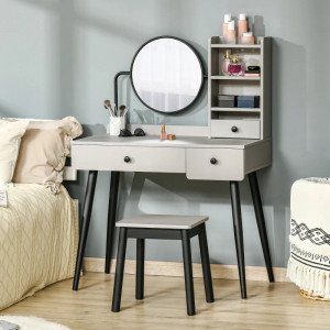 SEG6 - Set Masa toaleta, 90 cm, cosmetica, masa machiaj cu oglinda si scaun, masuta vanity - Gri