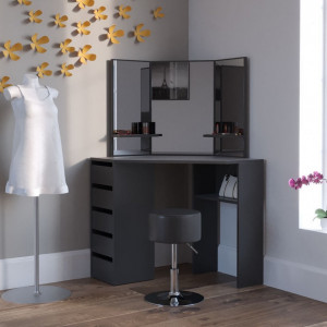 SEN222 - Set Masa neagra toaleta, 110 cm, cosmetica, machiaj oglinda tripla, masuta vanity pe colt