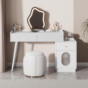 Set Masa toaleta alba, 100 cm cosmetica machiaj, oglinda cu LED, masuta vanity cu Riflaj - SEA490