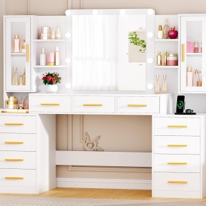 Set Masa toaleta alba 160 cm, cu Priza si USB, cosmetica, machiaj, oglinda cu LED, masuta vanity cu Blat de Sticla, make-up - SEA437