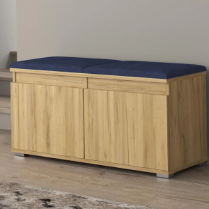 BAM507 - Banca 100x37x51 cm, Pantofar pentru Hol, pantofi, depozitare - Culoarea Stejar cu tapiterie Gri/Albastru/Verde