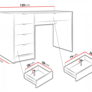 BIA4 - Birou 120 cm, masa de calculator cu 5 sertare, office - Alb / Negru / Crem cu Riflaje - Img 2