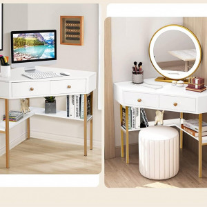 BIA6 - Masa de birou pe colt, 70 cm, home office cu 2 sertare - Alb-Auriu - Img 4