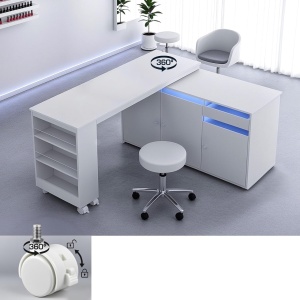 Birou, Masuta manichiura pentru Colt Alba / Neagra, 135 x 114 cm, LED, masa cosmetica pentru salon cu Rafturi deschise si Roti - MANIA217 - Img 10