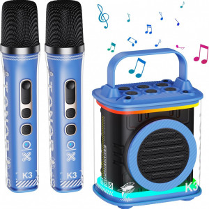 CADC15 - Set Sistem Mini Karaoke si 2 Mini Microfoane, Jucarii copii, Cadou pentru Craciun, Petreceri in familie - Albastru