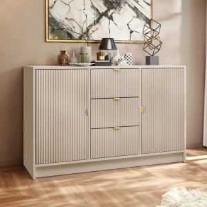 CON2 - Comoda, 118 cm, dulap living, dormitor sau hol cu 3 sertare si 2 dulapuri - Crem / Alba / Neagra - Img 8