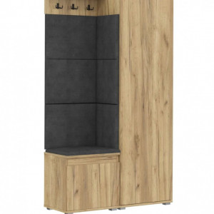 CUI514 - Cuier 104x37x177 cm - 3 agatatori haine, hol, pantofar - Stejar, tapiterie Turcoaz/Gri/Albastru - Img 5