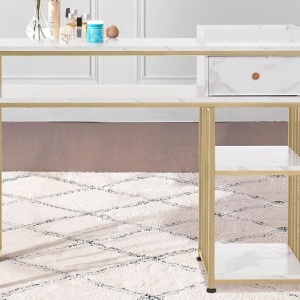 MANIAU210 - Masuta manichiura, 110 cm, birou, masa cosmetica pentru salon cu 1 Sertar si Tavita - Alb - Auriu - Img 9