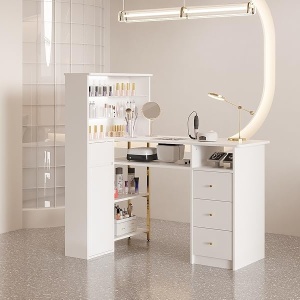 MANIAU211 - Masuta manichiura, 120 cm, birou, masa cosmetica pentru salon cu Aspirator Incorporat, Priza, LED, Sertare si Rafturi - Alb - Auriu - Img 10