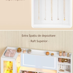 Masuta de machiaj 140 cm, cu Oglinda LED si 10 Sertare pentru Cosmetice, Set Masa toaleta Alba, masuta cosmetica, vanity cu dulapior si rafturi - SEA20 - Img 8