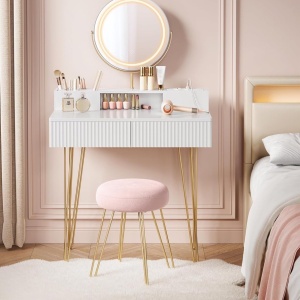 Masuta machiaj alba cu Oglinda LED si 2 Sertare pentru Cosmetice, Set Masa toaleta 80 cm sau 100 cm, masuta cosmetica cu Riflaj, vanity - SEA801 - Img 5