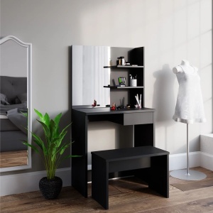 Masuta machiaj cu Oglinda LED si 1 Sertar pentru Cosmetice, Set Masa toaleta 75 cm, Negru, masuta cosmetica, vanity - SEN224 - Img 3