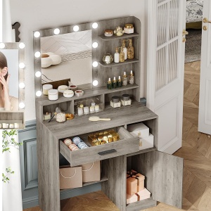 Masuta machiaj cu Oglinda LED si 1 Sertar pentru Cosmetice, Set Masa toaleta 80 cm, Alb / Negru / Gri, masuta cosmetica, vanity - SEG19 - Img 10
