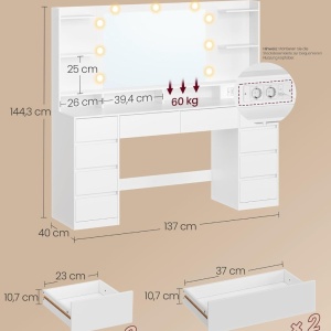 Masuta machiaj cu Oglinda LED si 10 Sertare si Rafturi pentru Cosmetice, Set Masa toaleta 137 cm, Alb, masuta cosmetica, vanity - SEA22 - Img 2