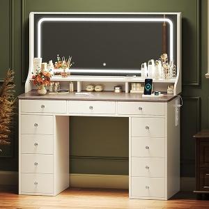 Masuta machiaj cu Oglinda LED si 11 Sertare pentru Cosmetice, Set Masa toaleta 110 cm, Alb, masuta cosmetica, vanity - SEA909