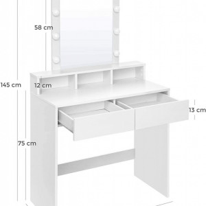 Masuta machiaj cu Oglinda LED si 2 Sertare pentru Cosmetice, Set Masa toaleta 80 cm, Alb, masuta cosmetica, vanity - SEA347 - Img 4