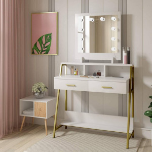 Masuta machiaj cu Oglinda LED si 2 Sertare pentru Cosmetice, Set Masa toaleta 90 cm, Alb, masuta cosmetica, vanity - SEA351