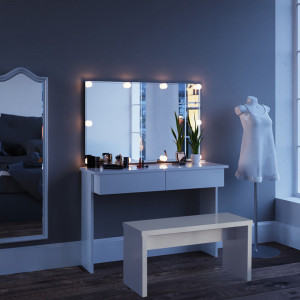Masuta machiaj cu Oglinda LED si 2 Sertare pentru Cosmetice, Set Masa toaleta 120 cm, Alb, masuta cosmetica, vanity - SEA252 - Img 2