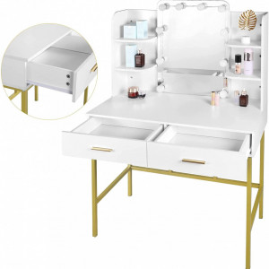 Masuta machiaj cu Oglinda LED si 2 Sertare pentru Cosmetice, Set Masa toaleta 90 cm, Alb, masuta cosmetica, vanity - SEA362 - Img 5