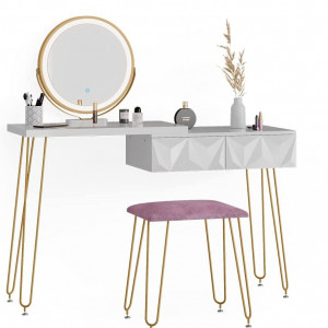 Masuta machiaj cu Oglinda LED si 2 Sertare pentru Cosmetice, Set Masa toaleta 120 cm, Alb, masuta cosmetica, vanity - SEA391 - Img 2