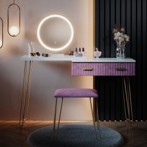 Masuta machiaj cu Oglinda LED si 2 Sertare pentru Cosmetice, Set Masa toaleta 120 cm, Alb, masuta cosmetica, vanity - SEA394 - Img 1
