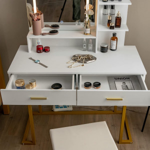 Masuta machiaj cu Oglinda LED si 2 Sertare pentru Cosmetice, Set Masa toaleta 100 cm, Alb, masuta cosmetica, vanity - SEA397 - Img 5