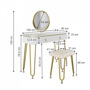Masuta machiaj cu Oglinda LED si 2 Sertare pentru Cosmetice, Set Masa toaleta 100 cm, Alb Lucios, masuta cosmetica, vanity - SEA398 - Img 3