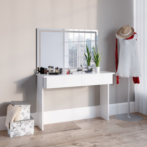 Masuta machiaj cu Oglinda LED si 2 Sertare pentru Cosmetice, Set Masa toaleta 120 cm, Alb Lucios, masuta cosmetica, vanity - SEA411 - Img 5