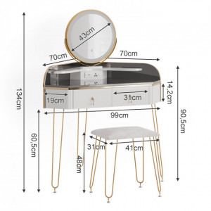 Masuta machiaj cu Oglinda LED si 2 Sertare pentru Cosmetice, Set Masa toaleta 99 cm, Alb, masuta cosmetica, vanity - SEA903 - Img 5