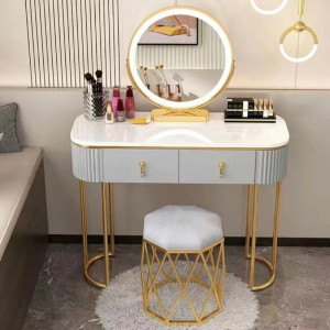 Masuta machiaj cu Oglinda LED si 2 Sertare pentru Cosmetice, Set Masa toaleta 100 cm, Gri, masuta cosmetica, vanity - SEG13