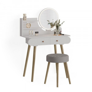 Masuta machiaj cu Oglinda LED si 2 Sertare pentru Cosmetice, Set Masa toaleta 80 cm, Alb, masuta cosmetica, vanity - SEA416 - Img 3