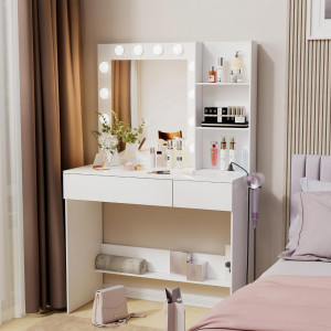 Masuta machiaj cu Oglinda LED si 2 Sertare pentru Cosmetice, Set Masa toaleta 90 cm, Alb, masuta cosmetica, vanity - SEA439