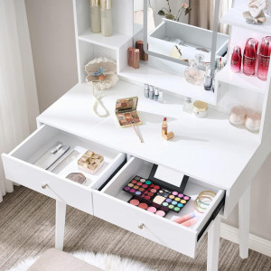 Masuta machiaj cu Oglinda LED si 2 Sertare pentru Cosmetice, Set Masa toaleta 80 cm, Alb, masuta cosmetica, vanity - SEA96 - Img 3