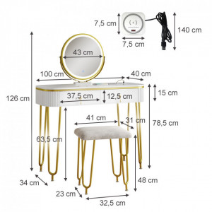 Masuta machiaj cu Oglinda LED si 2 Sertare pentru Cosmetice, Set Masa toaleta 100 cm, Alb Lucios, masuta cosmetica, vanity - SEA471 - Img 2