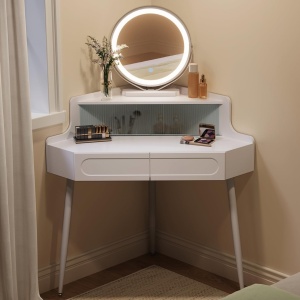 Masuta machiaj cu Oglinda LED si 2 Sertare pentru Cosmetice, Set Masa toaleta 90 cm, Alb, masuta cosmetica, vanity - SEA493