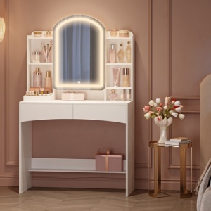 Masuta machiaj cu Oglinda LED si 2 Sertare pentru Cosmetice, Set Masa toaleta 90 cm, Alb, masuta cosmetica, vanity - SEA910 - Img 3