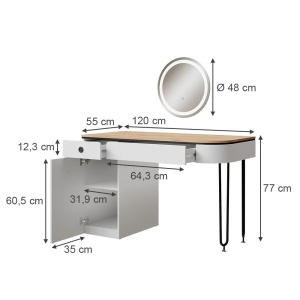 Masuta machiaj cu Oglinda LED si 2 Sertare pentru Cosmetice, Set Masa toaleta 120 cm, Alb, masuta cosmetica, vanity - SEA808 - Img 5