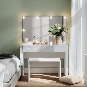 Masuta machiaj cu Oglinda LED si 2 Sertare pentru Cosmetice, Set Masa toaleta 110 cm, Alb Lucios, masuta cosmetica, vanity - SEA812 - Img 9
