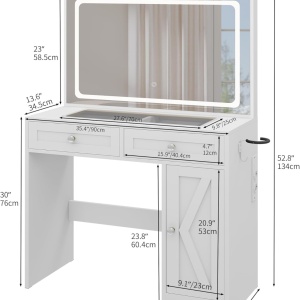Masuta machiaj cu Oglinda LED si 2 Sertare pentru Cosmetice, Set Masa toaleta 90 cm, Alb, masuta cosmetica, vanity - SEA498 - Img 5