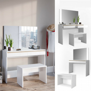 Masuta machiaj cu Oglinda LED si 2 Sertare pentru Cosmetice, Set Masa toaleta 120 cm, Alb, masuta cosmetica, vanity - SEA264 - Img 3