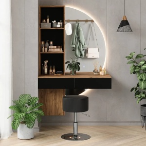 Masuta machiaj cu Oglinda LED si 2 Sertare pentru Cosmetice, Set Masa toaleta 100 cm, Negru, masuta cosmetica, vanity - SEM24