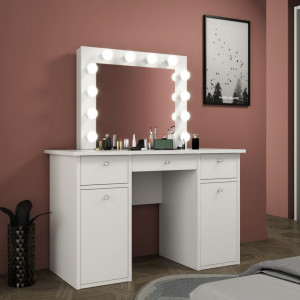 Masuta machiaj cu Oglinda LED si 3 Sertare pentru Cosmetice, Set Masa toaleta 120 cm, Alb, masuta cosmetica, vanity - SEA537