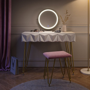 Masuta machiaj cu Oglinda LED si 3 Sertare pentru Cosmetice, Set Masa toaleta 100 cm, Alb, masuta cosmetica, vanity - SEA366