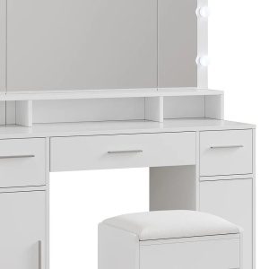 Masuta machiaj cu Oglinda LED si 3 Sertare pentru Cosmetice, Set Masa toaleta 110 cm, Alb, masuta cosmetica, vanity - SEA809 - Img 5