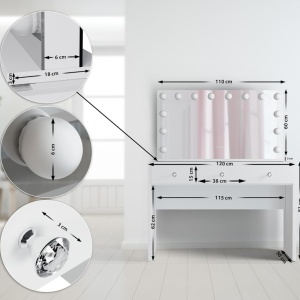 Masuta machiaj cu Oglinda LED si 3 Sertare pentru Cosmetice, Set Masa toaleta 120 cm, Alb, masuta cosmetica, vanity - SEA912 - Img 7