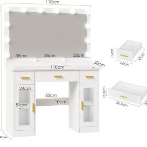 Masuta machiaj cu Oglinda LED si 3 Sertare pentru Cosmetice, Set Masa toaleta 110 cm, Alb, masuta cosmetica, vanity - SEA2 - Img 2